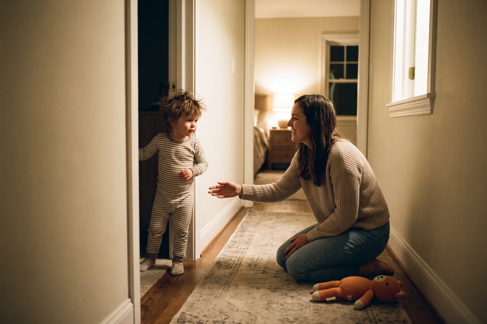 A toddler in pajamas peeks out of the bedroom door at night as a parent kneels nearby