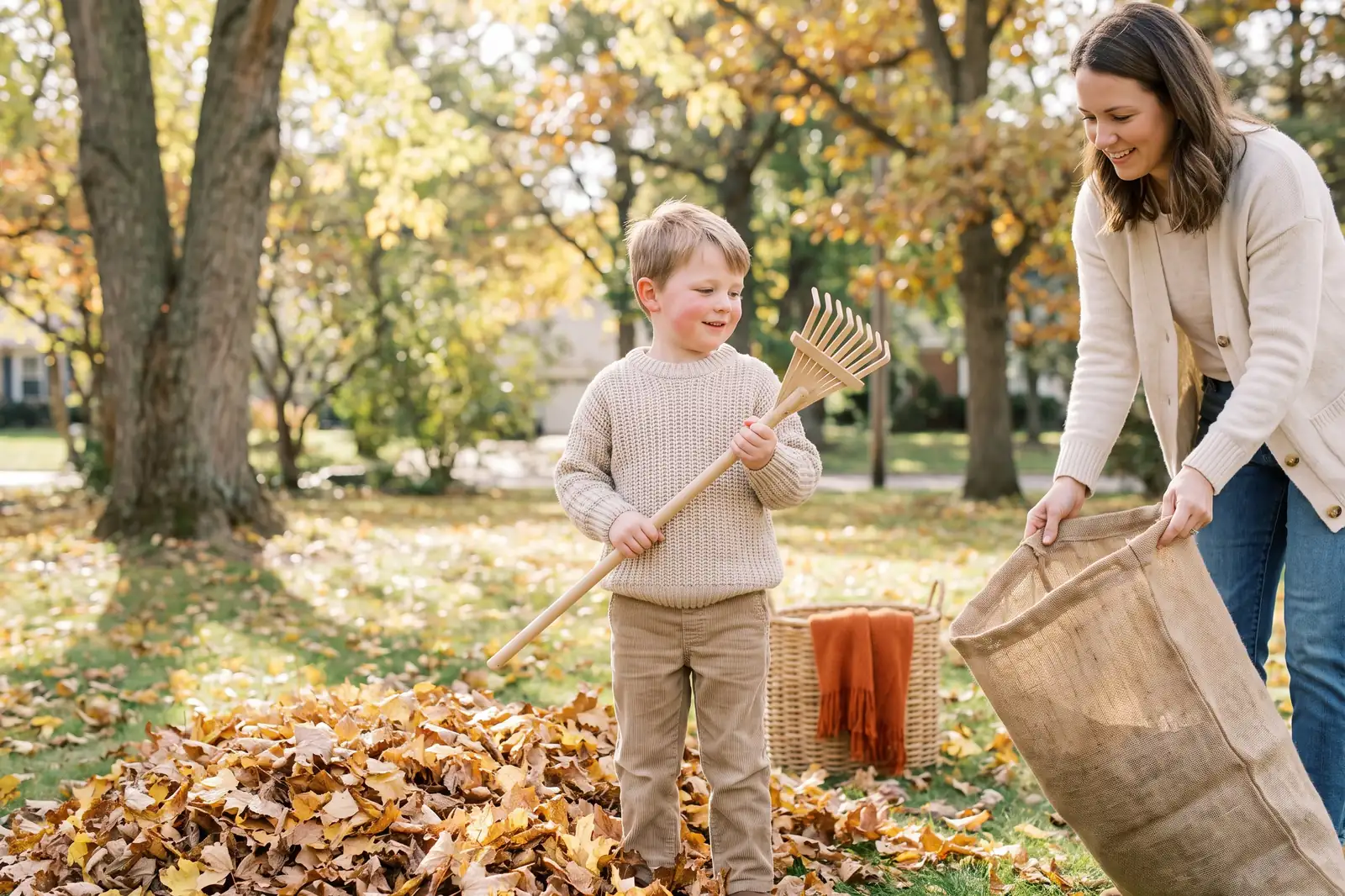 A boy rakes autumn leaves in the backyard while his mother holds a leaf bag