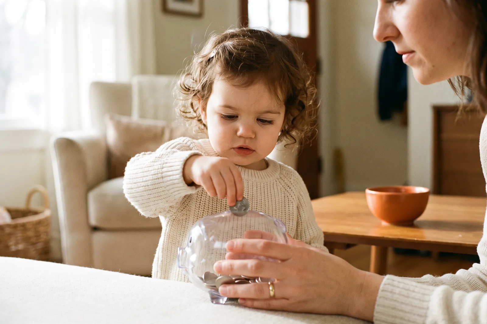 A toddler pushes a coin into a clear piggy bank while her mother steadies it