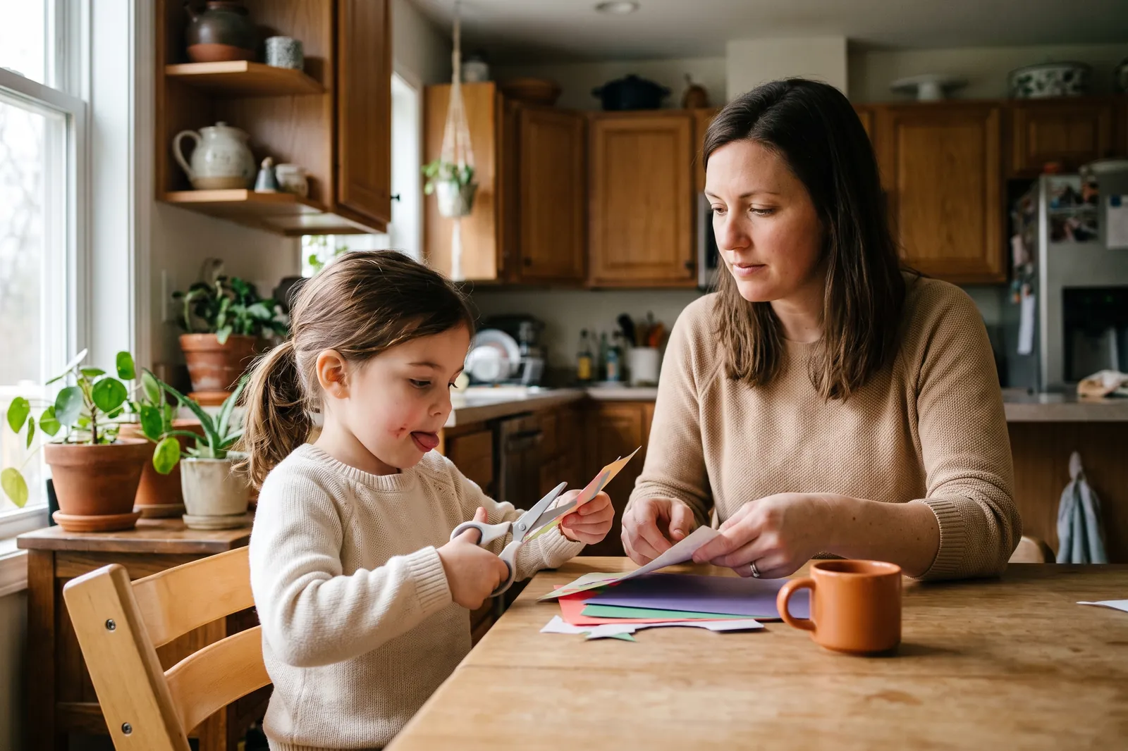 A five-year-old cuts paper shapes with child scissors while her mother holds the paper